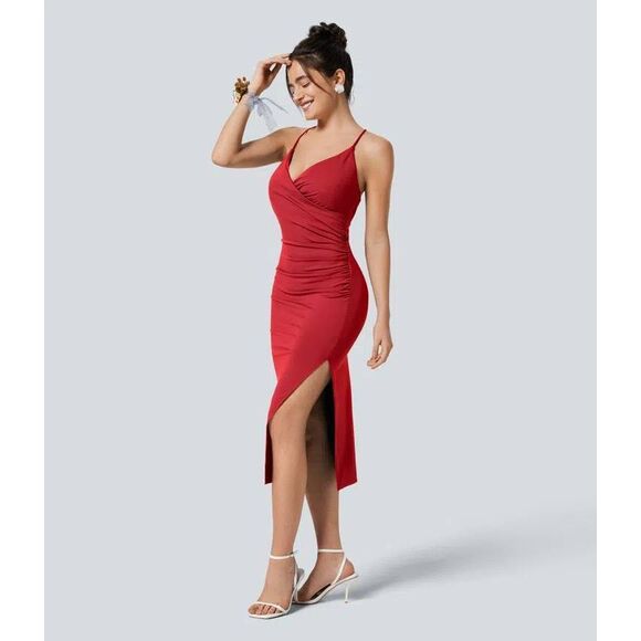 NWT HALARA SoftlyZero™ Airy Crossover Ruched Lace Up Bodycon Cool Touch Dress si - Picture 3 of 7